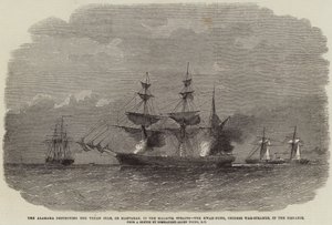 El Alabama destruyendo el Texan Star, o Martaban, en el Estrecho de Malaca, el Kwan-Tung, Vapor de Guerra Chino, en la Distancia